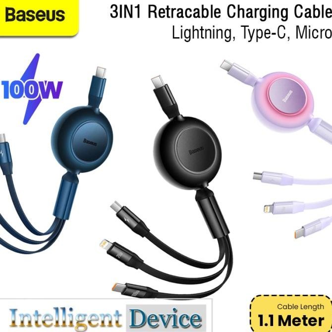 BASEUS 3in1 Retractable Charging Cable 100W Lightning Type C Micro