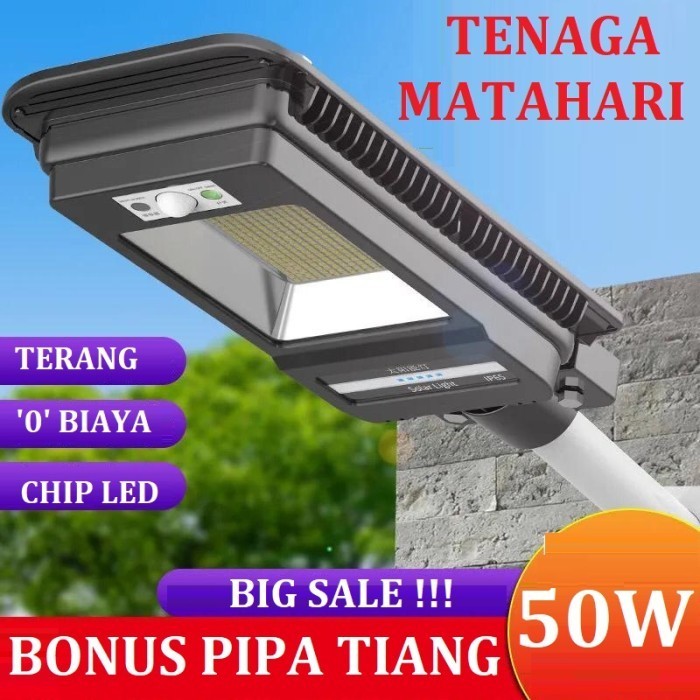 Termurah Lampu Jalan Tenaga Surya 50Watt All In One - 50Watt+Pipa
