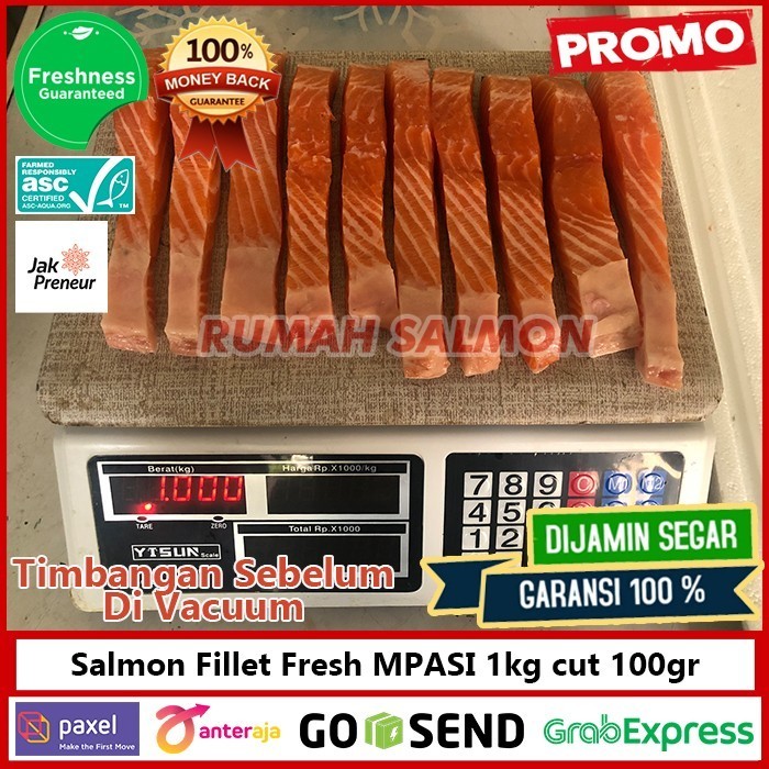 

Salmon Fillet Fresh Mpasi Sashimi Grade 1Kg 10 Pcs Cut 100Gr