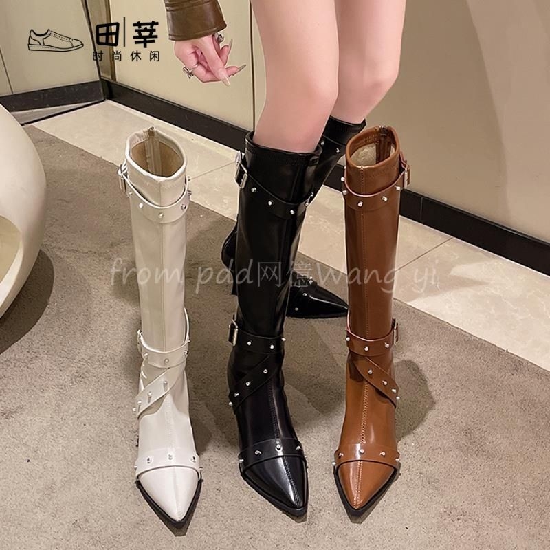 Sepatu Bot Tinggi Gesper Sabuk Keling Baru, Sepatu Bot Hak Stiletto Ujung Lancip Wanita