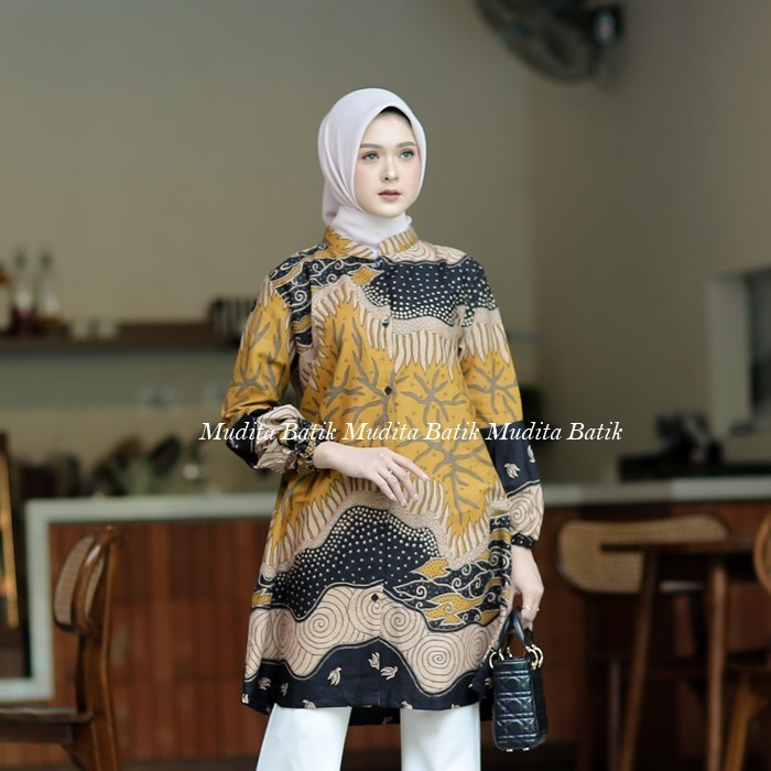 Baju Batik Mudita Batik Tunik Wanita Kerja Lengan Panjang Premium Modern Warna Kuning Kunyit