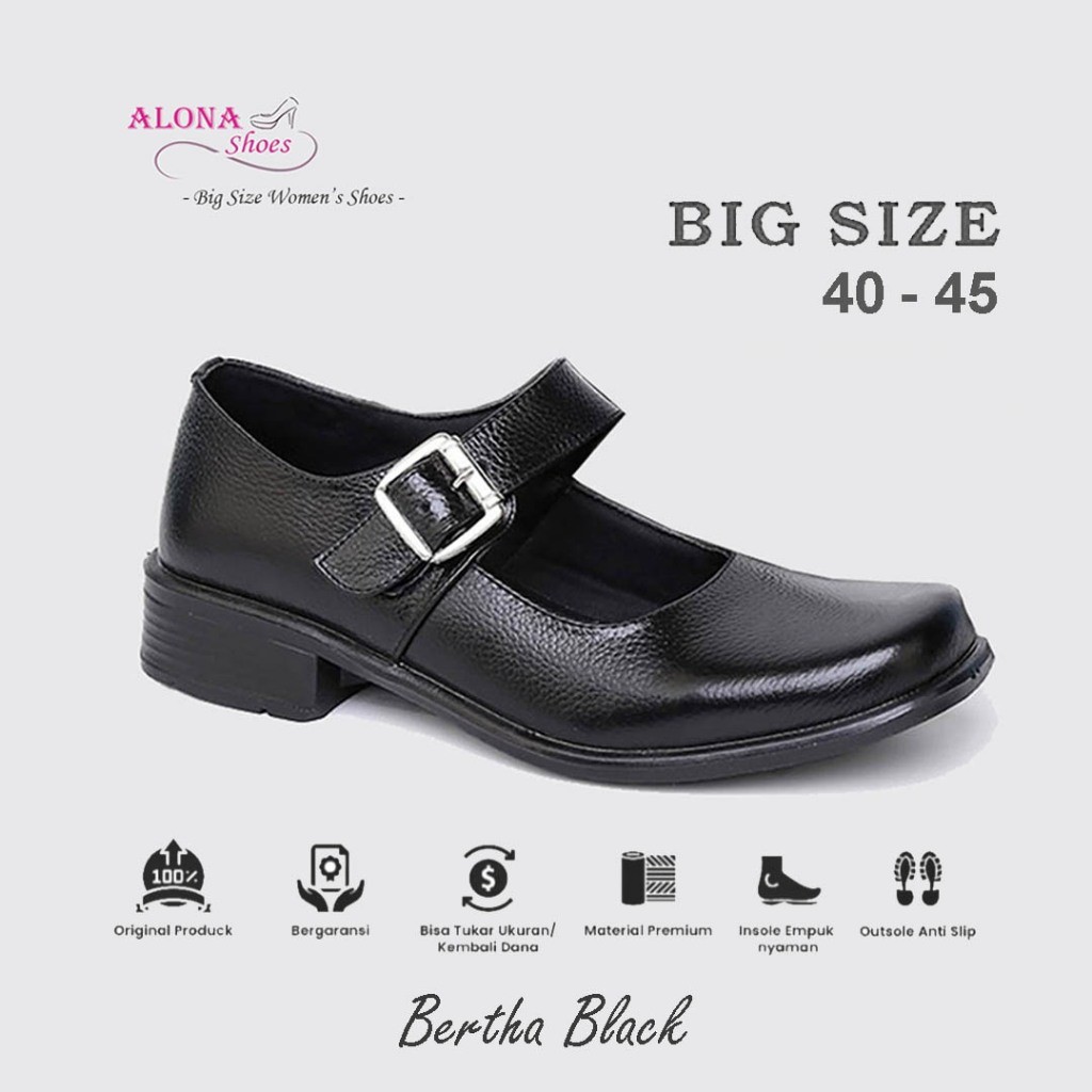 Pantofel Wanita Alona - Bertha Black Sepatu Pantofel Paskibra Wanita Ukuran Jumbo - Big Size