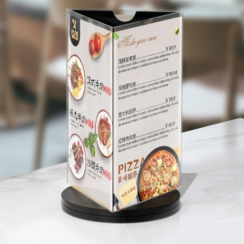 

Th-23 3 Sisi Rak Menu Akrilik / 360 Derajat Berputar Stand Menu Akrilik / Rotating Menu Card Stand Viral
