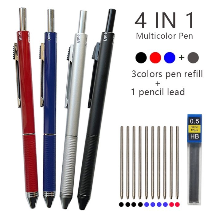 

Terbaru Metal Multicolor Pen 4 In 1 Gravity Sensor Ballpoint Pen 3 Colors Ball Pen and 1 Mechanical