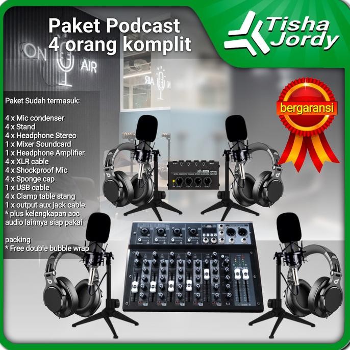 Paket podcast 4 orang mic, headphone, mixer ashley, rekaman, live