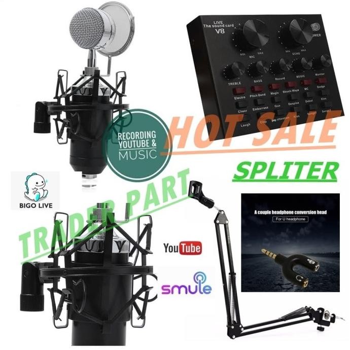 KOMPLIT MIC BM800 STAND Microphone BM 8000 SOUNDCARD MIXER V8 Spliter