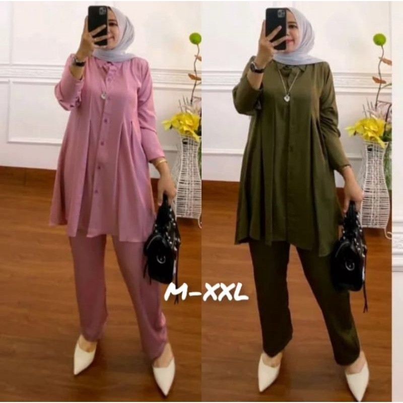 Baju Muslim SETLONG POLOS ONE SET LD 110 - 120 SET TUNIK WANITA