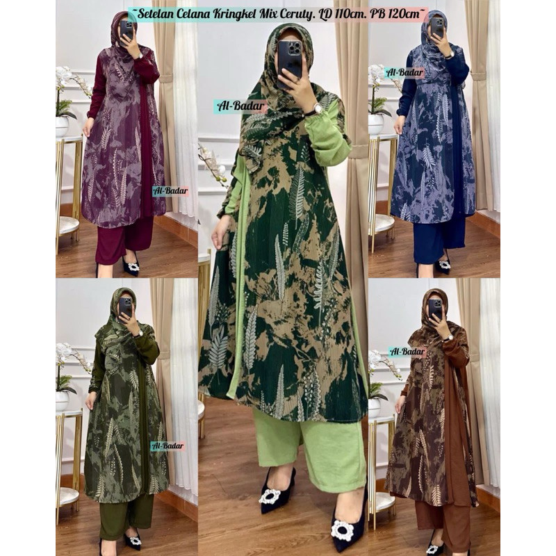 Baju Muslim SETELAN CELANA LONG TUNIK SET HIJAB// SETELAN CELANA BAHAN CRINGKLE MIX CERUTY