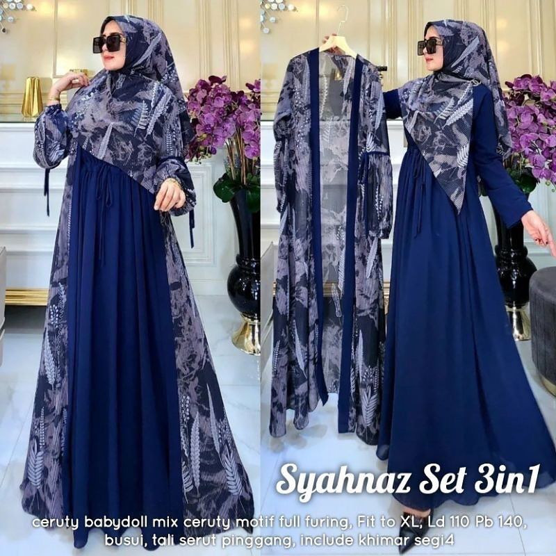 Gamis Muslim Syahnaz Set 3 In 1 Fashion Setelan Syari Wanita Bahan Ceruty Babydoll Terbaru 2023