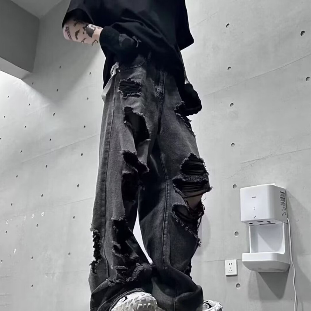 Celana Jins Pria Lubang Longgar Lurus Hitam