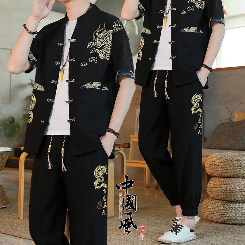 Setelan Tang Pria, Baju Sutra Es Hanfu Kardigan Longgar Kasual China, Kerah Berdiri Musim Panas Gaya