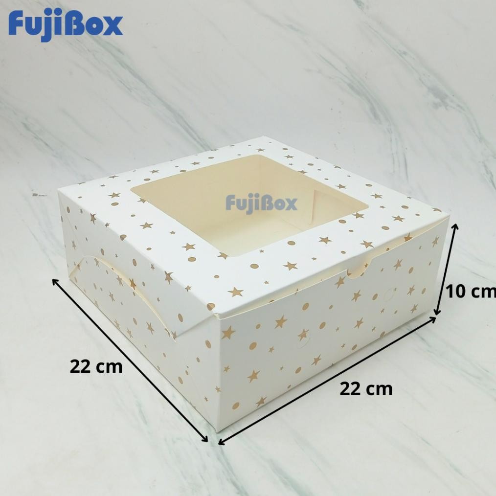 

(10 Pcs) Fuji Box Dus Kotak Kue Ivory Motif Polkadot Bintang Emas 22 Cm X 22 Cm X 10 Cm Putih Ivory Premium Jendela