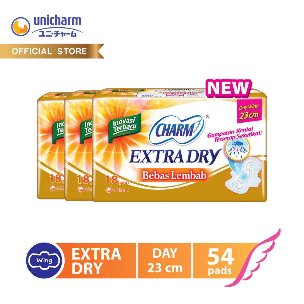 Charm Pembalut Extra Dry Slim Day Wing 23cm 18 pads x 3 Packs