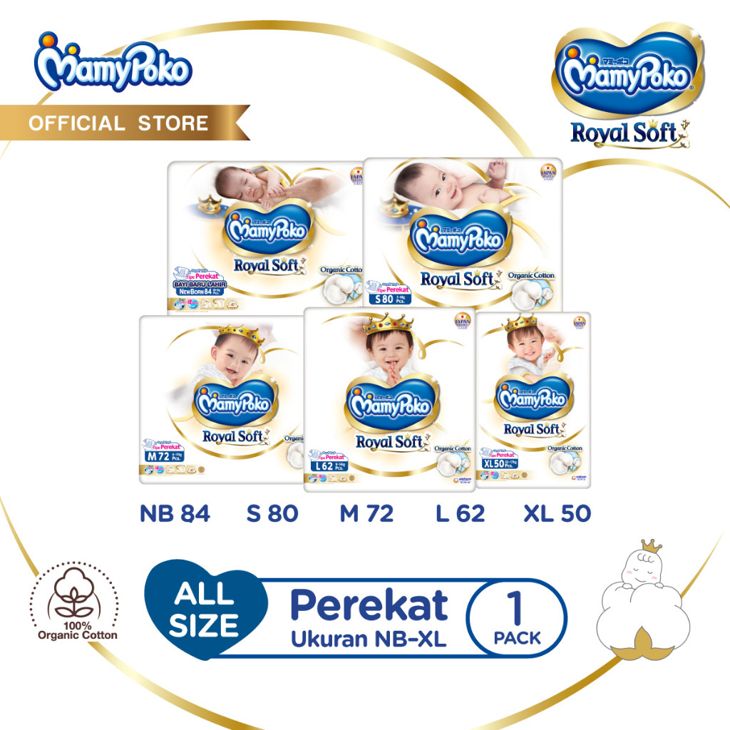 MamyPoko Royal Soft Organic Cotton - All Size (NB-XL) - Popok Perekat - 1 Pack - Ultra Jumbo