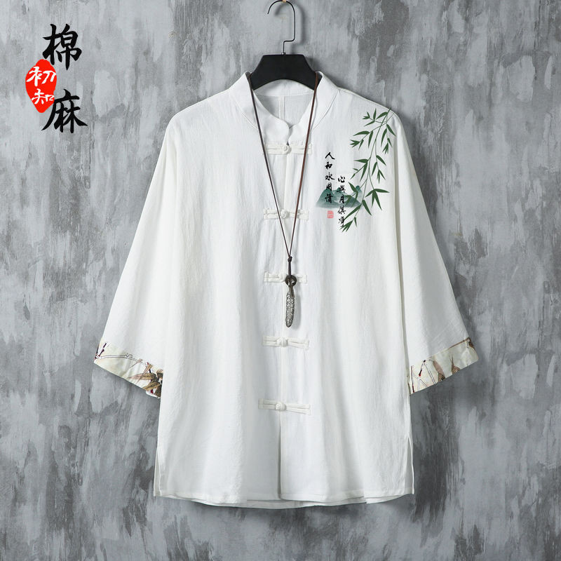 Kemeja Pria Lengan Pendek, Baju Kostum Pria, Linen Katun, Musim Panas, Kostum Han China, Baju Kostum