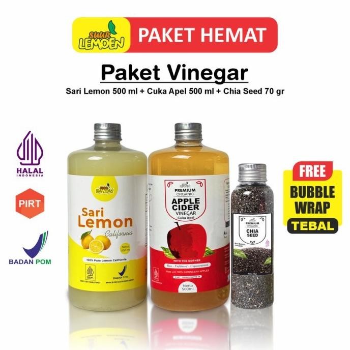 

Paket Hemat Best Seller SUUR LEMOEN Paket Diet Sehat 3in1 - Cuka Apel 500ml, Sari Lemon 500ml, dan Chia Seed 70gr - BPOM dan Halal - PBG