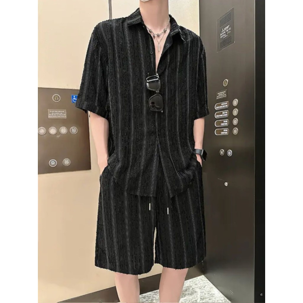 Baju Pria Musim Panas Asli, Baju Pakaian Mewah Ringan, Garis Vertikal Longgar, Gaya Korea, Tirai Bre