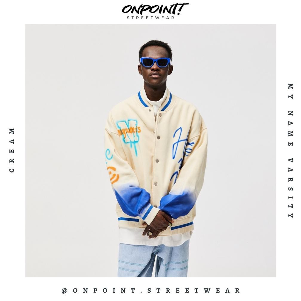 Jaket Varsity Modern Keren My Name (Cream) Pria Pria Jacket Varisty Baseball Varsiti Ori Fashion Pri