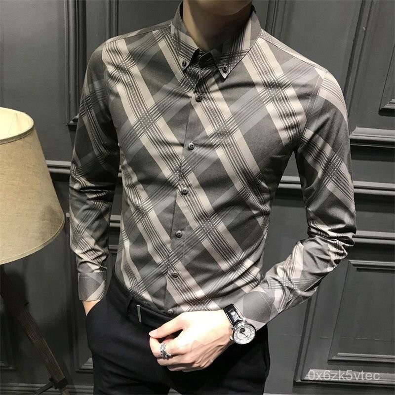Kemeja Lengan Panjang Bisnis Pria, Baju Lengan Panjang Kasual Ramping Bergaya Korea
