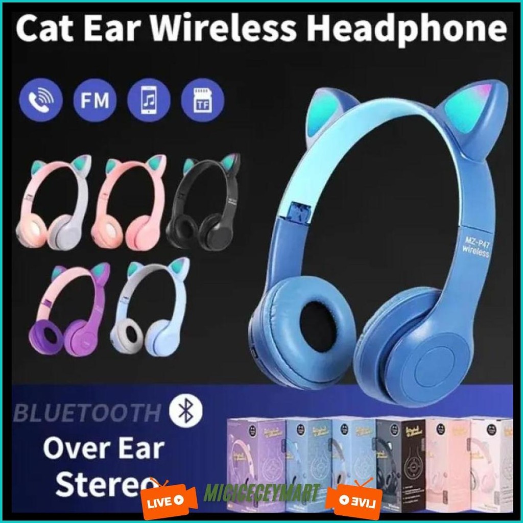 Headphone Wireless Cat Ear Led P47M / Wirelles Headphone Led Wirelless / Headphone Led Cat Ear Wirel