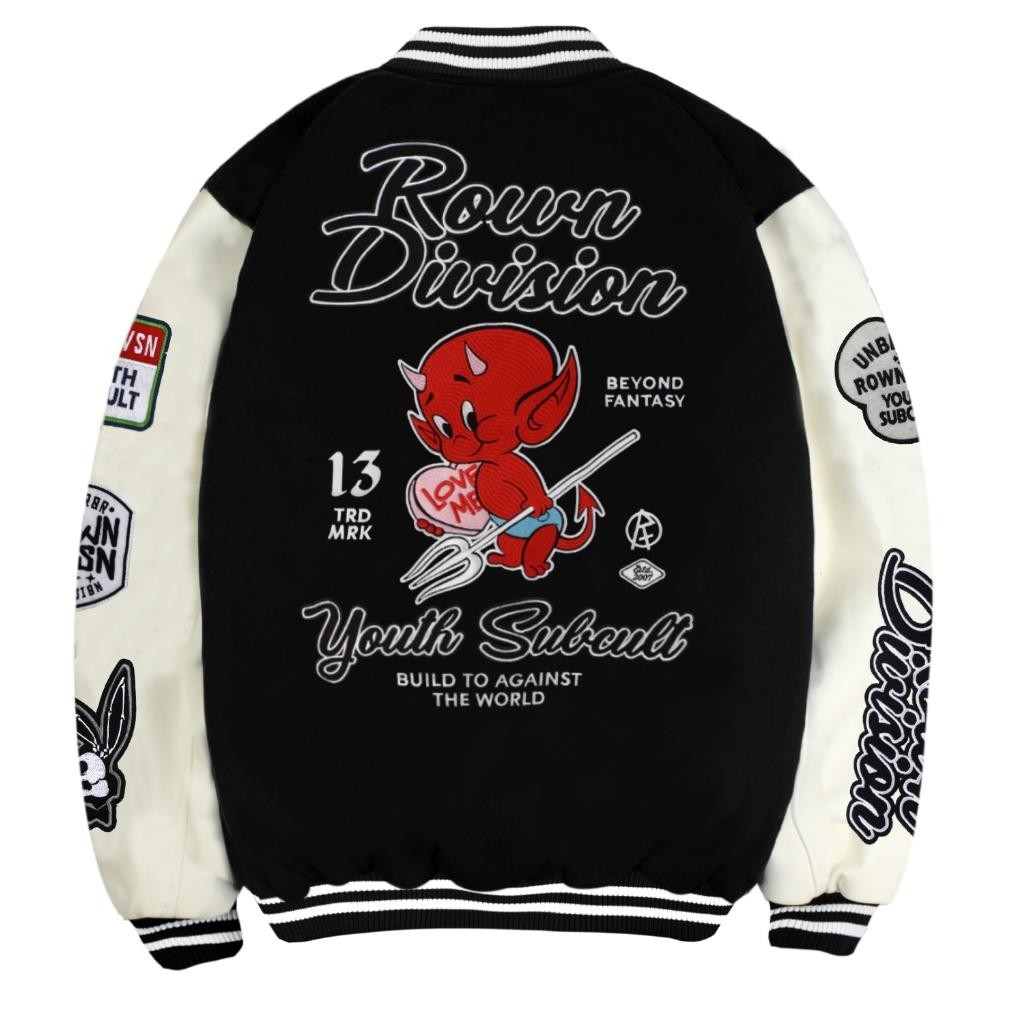 Jaket Varsity Modern Keren Rown Division Official Jacket Rowndvsn Hellfire Black White