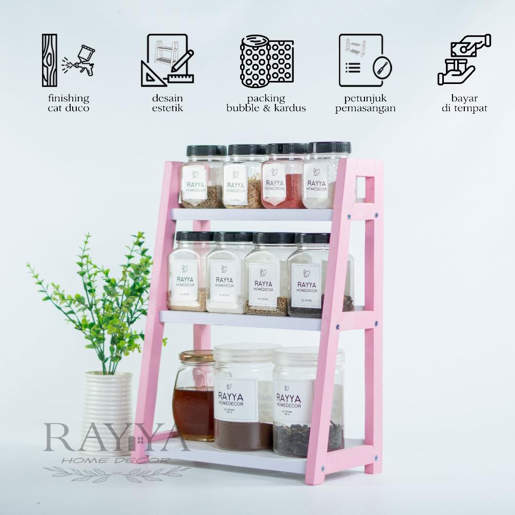 RAK BUMBU DAPUR KAYU SERBGAUNA 3 SUSUN MEDIUM PINK
