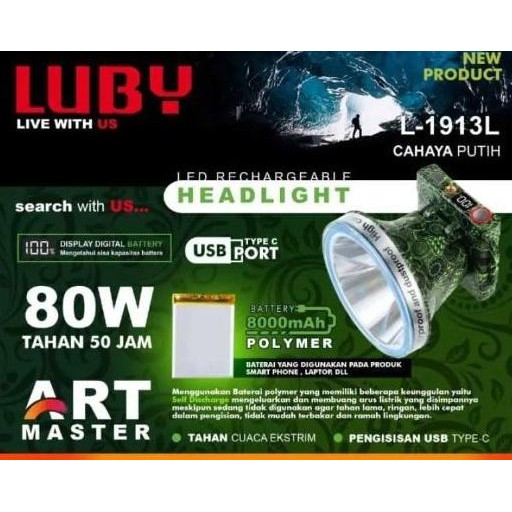 

TERSEDIA HEADLAMP LUBY LED L1913 SENTER KEPALA 80 WATT DENGAN INDIKATOR BATERAI