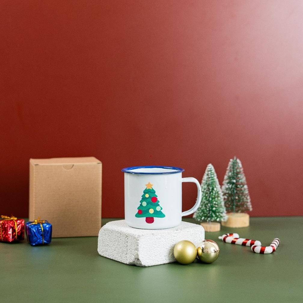 Cangkir Gelas Mug Enamel Kaleng Souvenir Hampers Natal Christmas Hadiah Tahun Baru