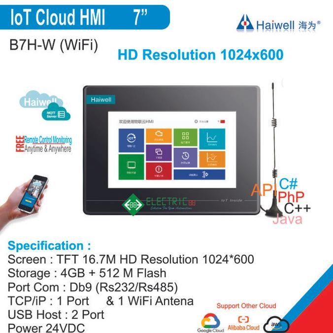 B7H-W Haiwell, IoT Cloud HMI 7 Inch + WiFi HD Resolution 1024x600