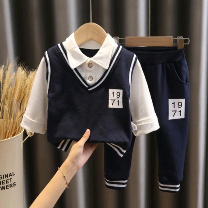 Baju bayi Cowok 6 12 bulan 1 2 3 Tahun Kemeja Lengan Panjang Set Rompi