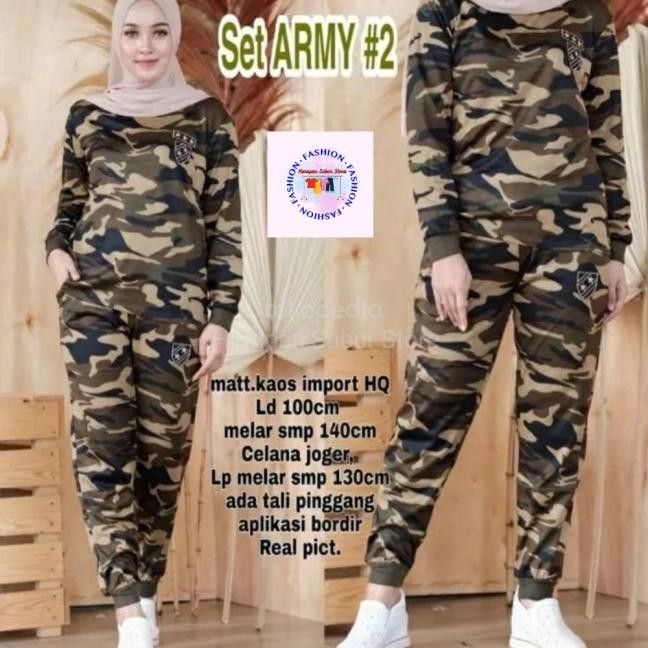 Setelan Baju Lengan Panjang Olahraga Senam Loreng Army Wanita