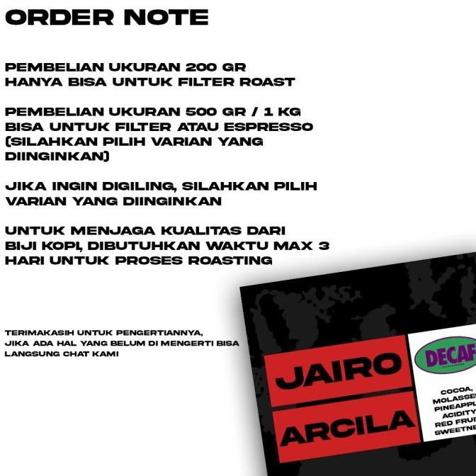 

Biji Kopi Arabika Manual Brew - Jairo Arcila Decaf Natural - 500 Gr