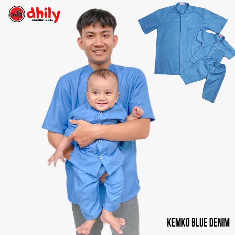 DHILY Kemeja koko couple ayah anak BIRU DENIM | Koko bayi , koko anak 1 set