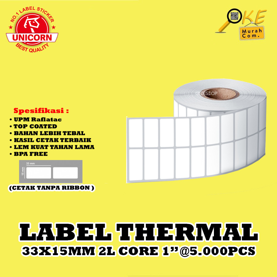 

Stiker Label Barcode Thermal 33x15 mm / 33 x 15 mm / 33x15mm 2 Line Core 1 inch isi 5.000pcs