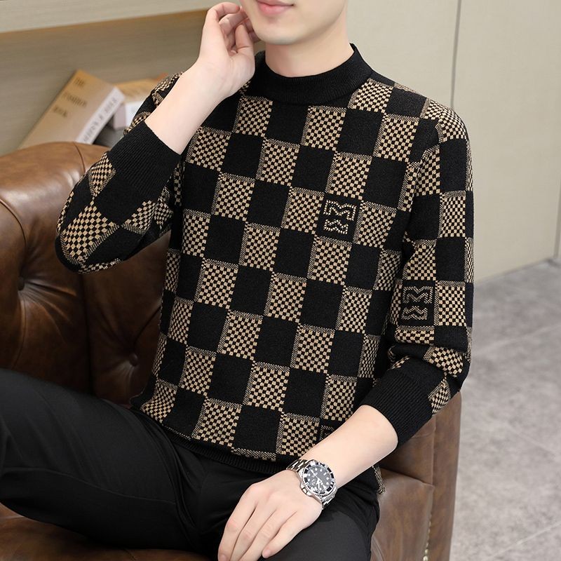 Sweater Rajut Pria, Kasut Pullover Leher Bulat Tebal Kotak-kotak