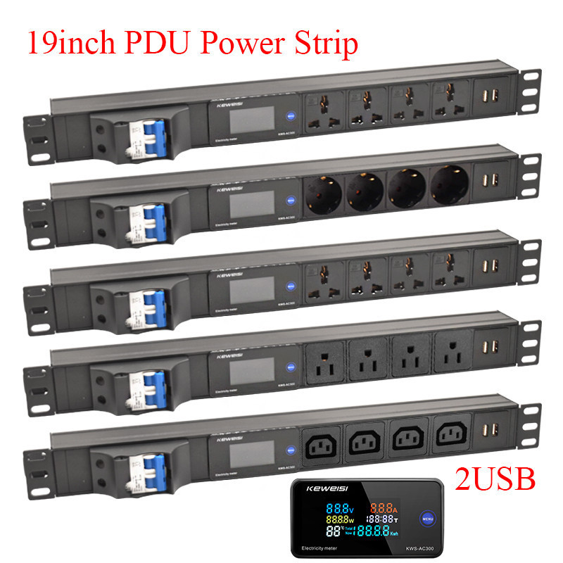 PDU Power Strip 19 Inci 2USB EU/US/UK C13/Outlet Universal Voltmeter Digital Ammeter Wattmeter 16/32