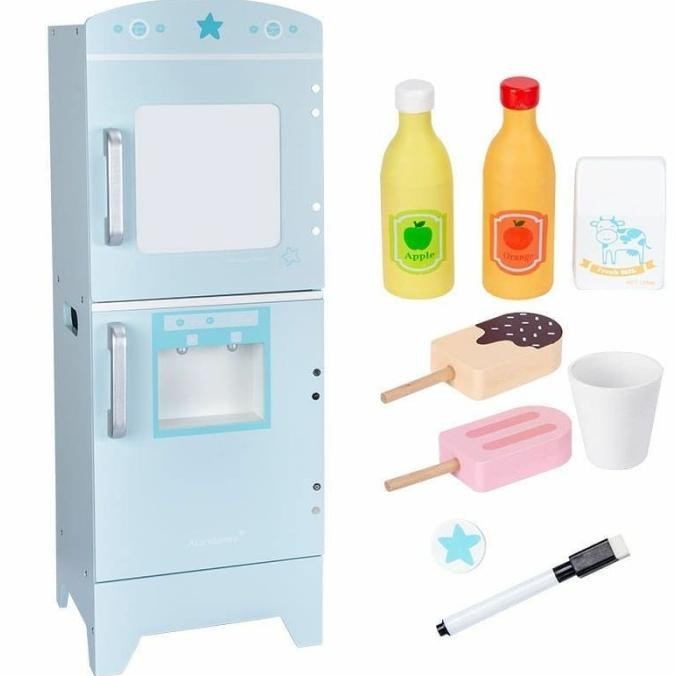 wooden toys refrigerator, mainan kulkas kayu, mainan dapur lemari kayu