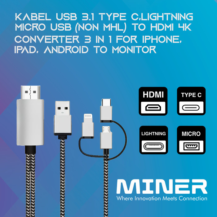 TERBARU - Kabel USB 3.1 Type C, Lightning, Micro USB (Non MHL) to HDMI 4K 60Hz