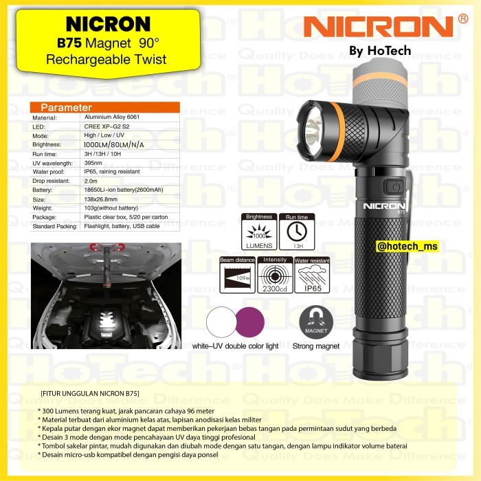 NICRON B75 Magnet 90 Deg Rechargeable Twist Flashlight w/ UV