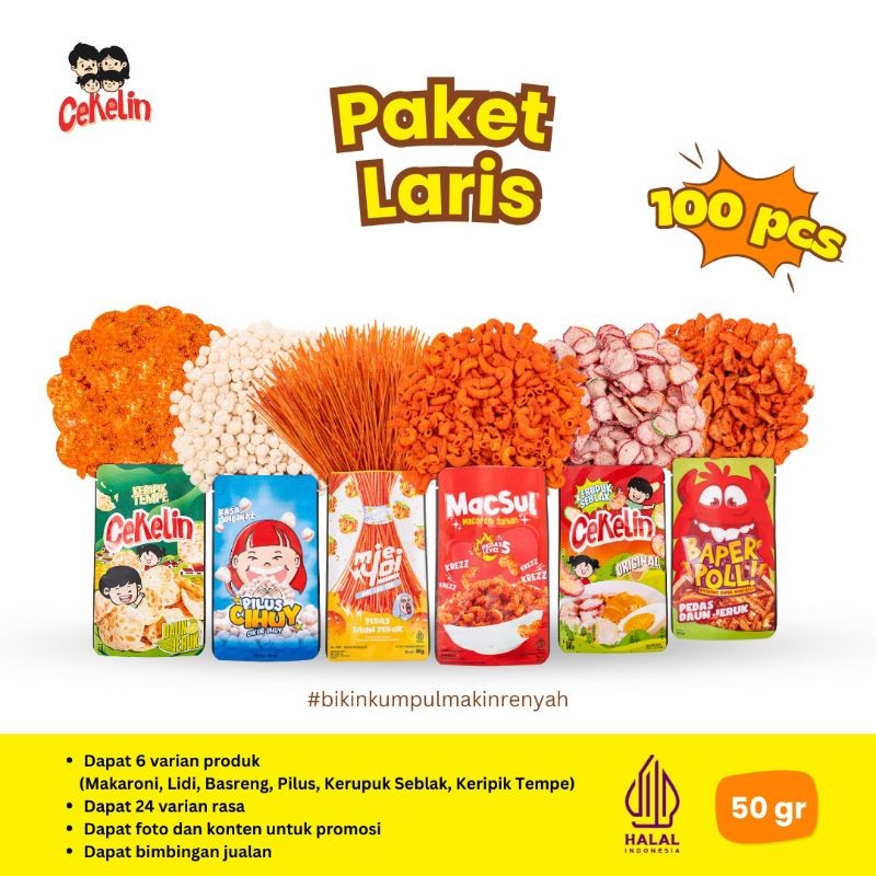 

CEKELIN Cemilan Makaroni Lidi Basreng Pilus Keripik Tempe Kerupuk Seblak Paket Laris 100pcs