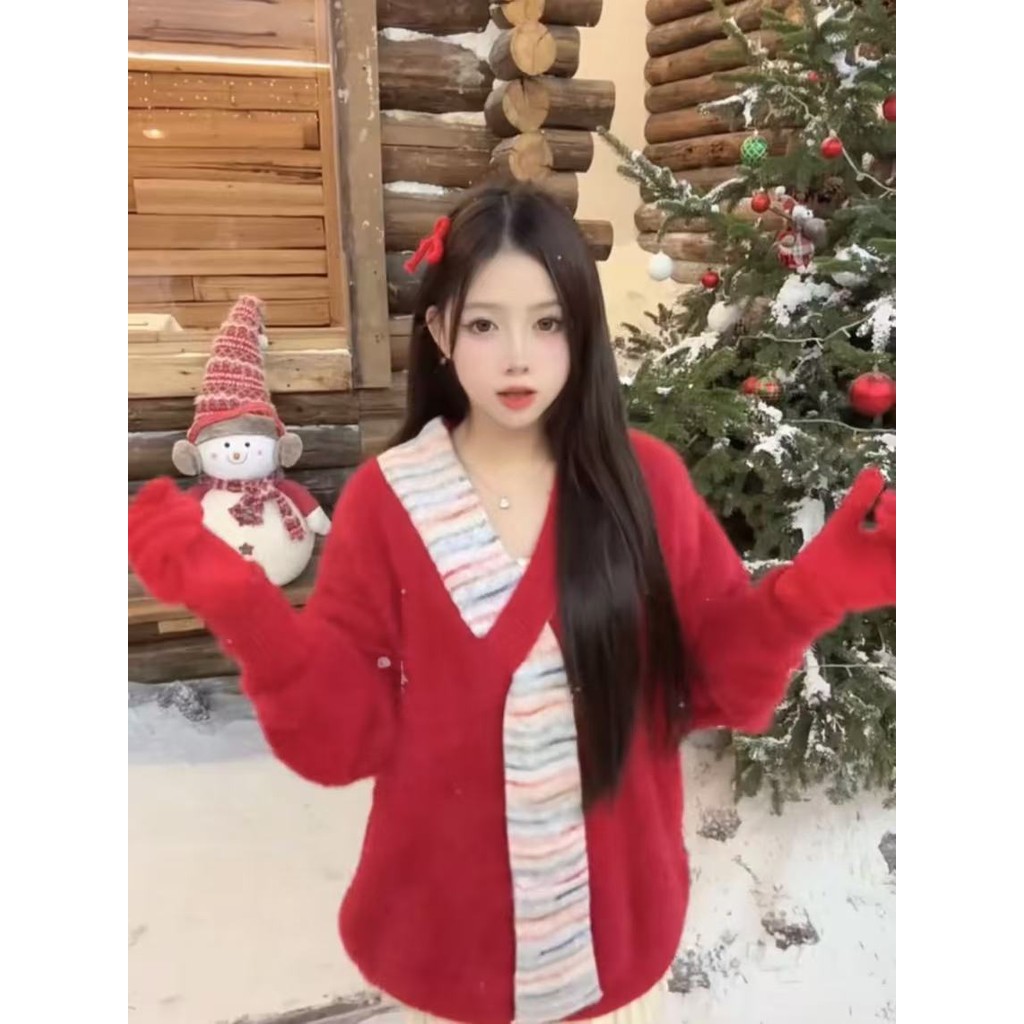 [Cream Winnie]Sweater V-neck merah gaya Natal desain Korea atasan pelangsing longgar