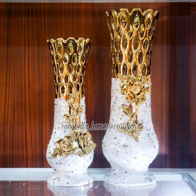 Vas Bunga Keramik Guci Mini Gold Putih Emas Glitter Motif Bunga Dekorasi Rumah Import Original Dan T