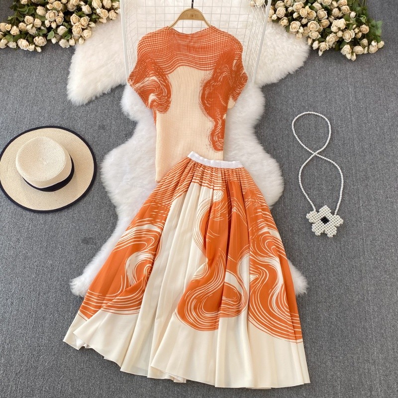 

Setelan Dua Potong Lipatan Cetak Vintage Elegan Fashion Wanita Atasan Pendek Lengan Pendek Leher Bulat Musim Panas + Setelan Rok Pinggang Tinggi |B6222B32|