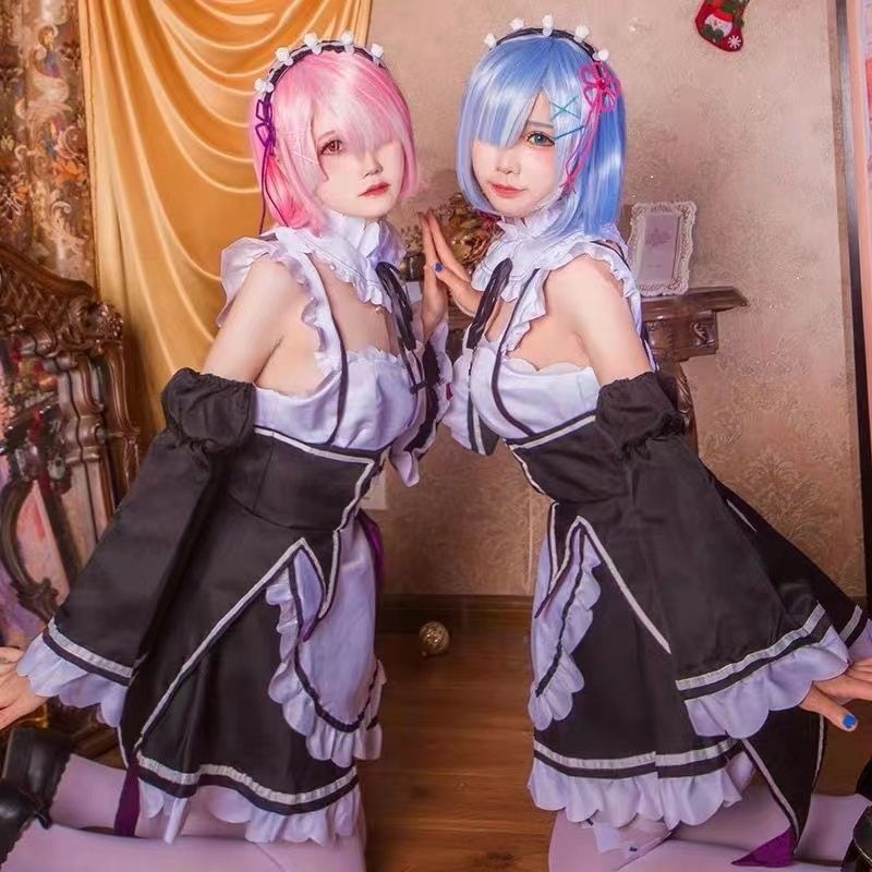Re: Zero Ram/Rem Cosplay Costume Maid Outfit Plus Size Anime Women Dress Apron Lolita Dress Wig Pria