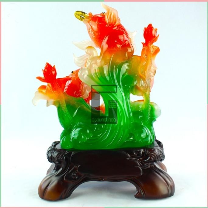 LKJ Pajangan Patung Fengshui Ikan Mas Koi Koki Gigit Coin Bunga Teratai XL