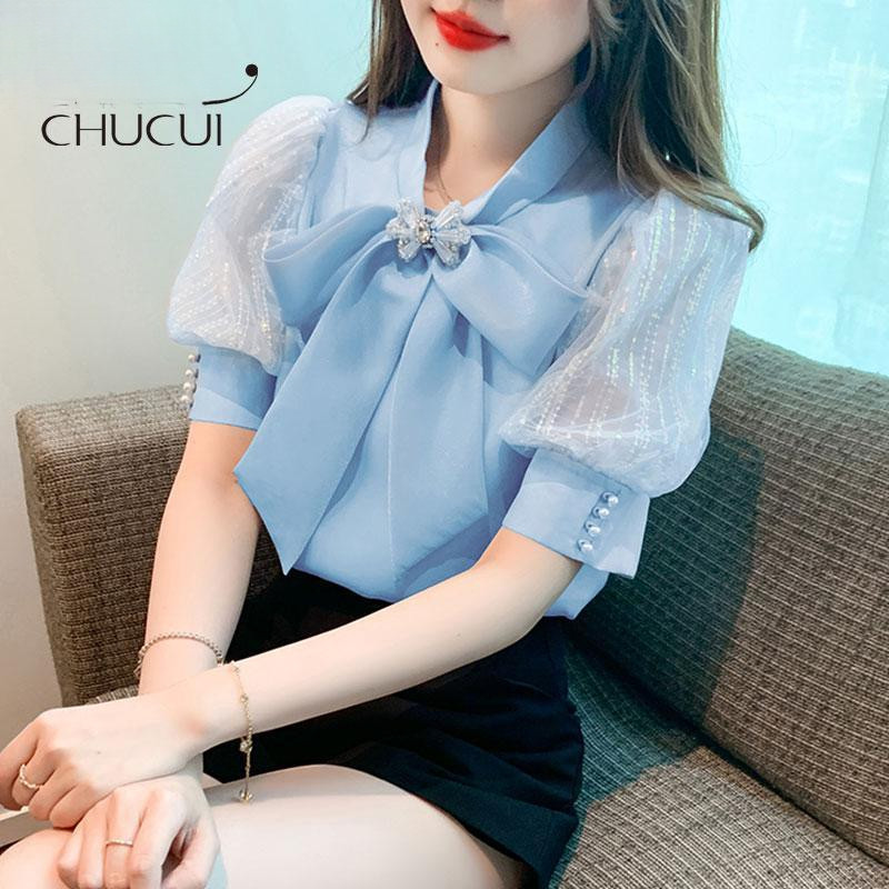 Women's Chiffon Short-Sleeved Shirt/2024 New T-shirt Puff Sleeve Top