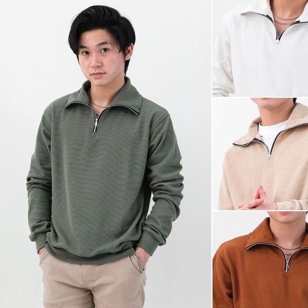 Kaos Polo Shirt Pria Kerah Lengan Panjang Zipper Knit