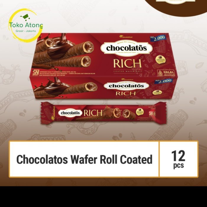 

BERGARANSI Chocolatos Rich Wafer Roll Coated ( 1 box isi 12 pcs )