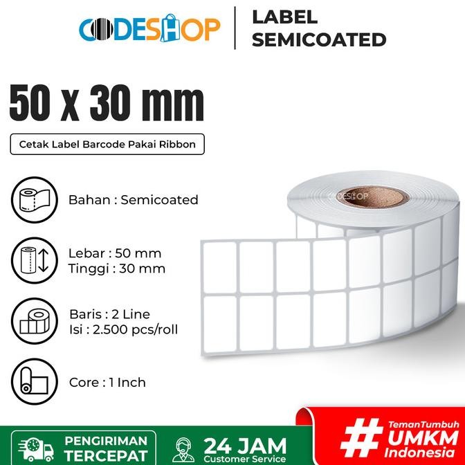 

Sale Label Semicoated 50 X 30 Mm Cetak Printer Barcode 50X30 Mm 2 Line