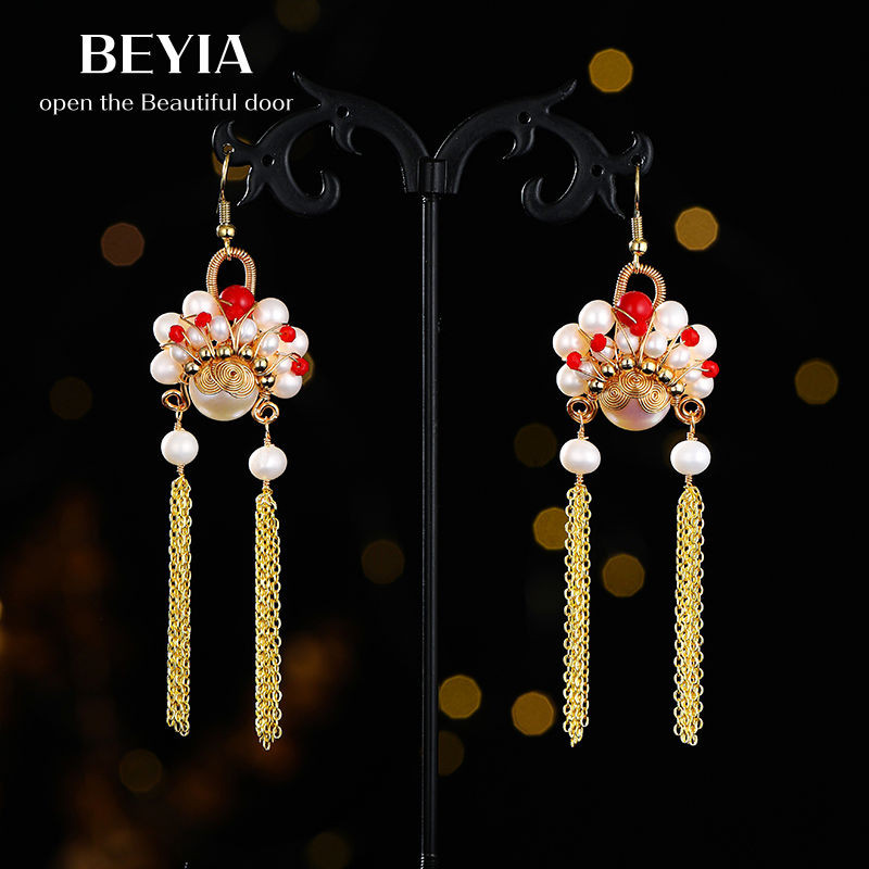 Chinese Style Retro Long Tassel Facial Makeup Natural Freshwater Pearl Sword Horse Dan Earrings